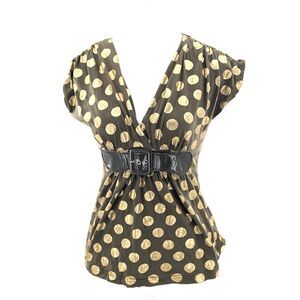 Anxiety Y2K Green and Gold Belted Polka Dot V-Neck Blouse T-Shirt Size Small
